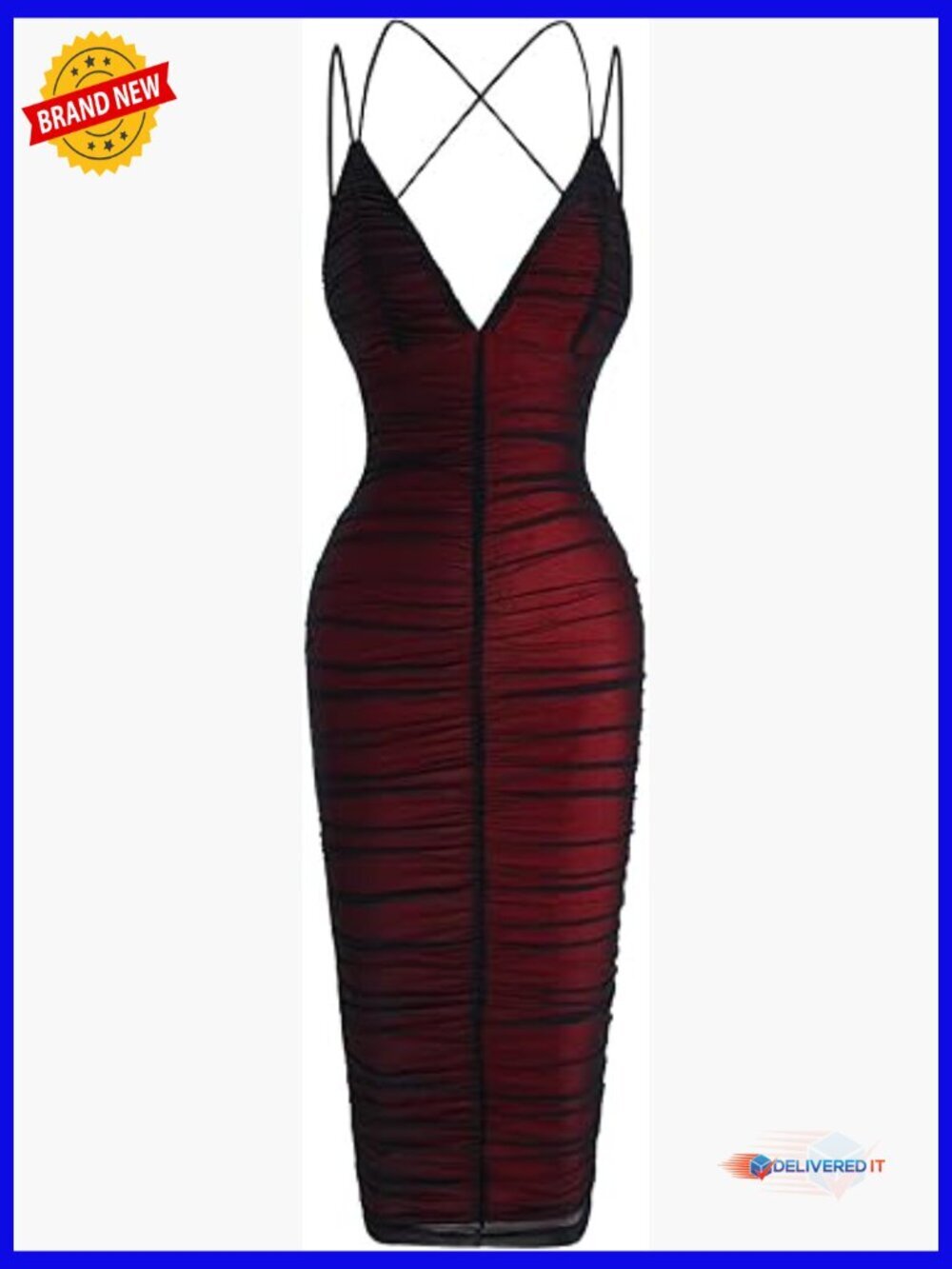 Mesh Ruched Bodycon Dress Backless Criss Cross V Neck Midi Evening Party